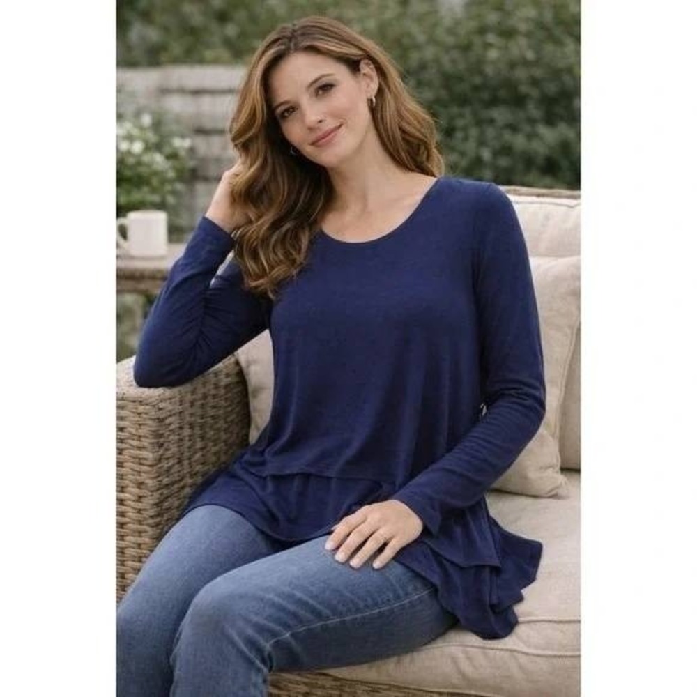 Soft Surroundings Women's Long Sleeve Navy Blue Layered Tiered Tunic Top Size M‎